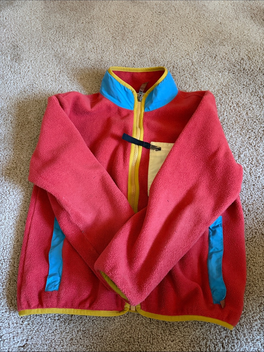 Patagonia Kids Red Fleece Jacket with Blue and Yellow Details